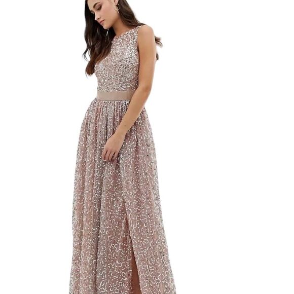 Maya Deluxe All Over Contrast Tonal Metallic Sequin Full Length Gown US 2 - Picture 12 of 15